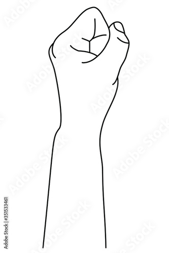 
Hand gesture in form of clenched fist. Concept of showing disobedience and solidarity in sign language. Vector illustration in outline style isolated on white background. 