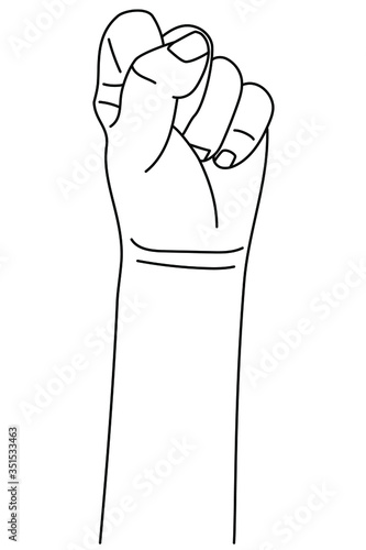 
Hand gesture in form of clenched fist. Concept of showing disobedience and solidarity in sign language. Vector illustration in outline style isolated on white background. 
