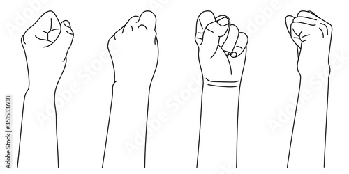 
Hand gesture in form of clenched fist. Concept of showing disobedience and solidarity in sign language. Vector illustration in outline style isolated on white background. 