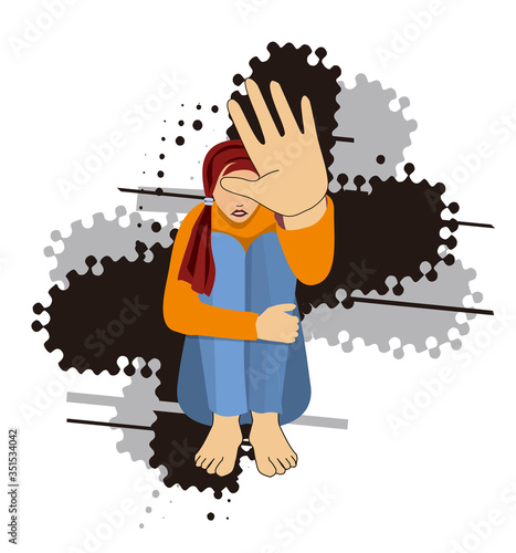 Girl, victim of domestic violence. 
Illustration of sitting young Helpless and terrified woman with arm in defensive position on grunge background. Vector available.