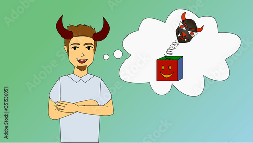 Surprise box with jester toy with devil face for prank. April fool's day stuff. Young man thinking of making a joke on a friend or colleague