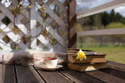 Old-fashioned book with daffodils  and teacup on the wooden terrace. Sunny springtime day.Horizontal