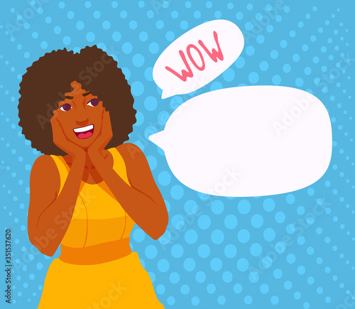 A young adult woman put her hands to her cheeks, looks surprised, amazed. Looks sideways at the blank speech bubble with copy space for text and the word wow. The teenage girl excited.