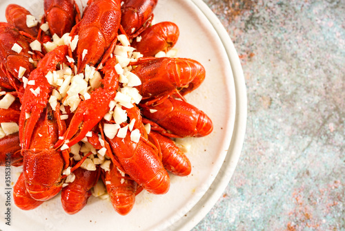 Chinese food with minced garlic and crawfish