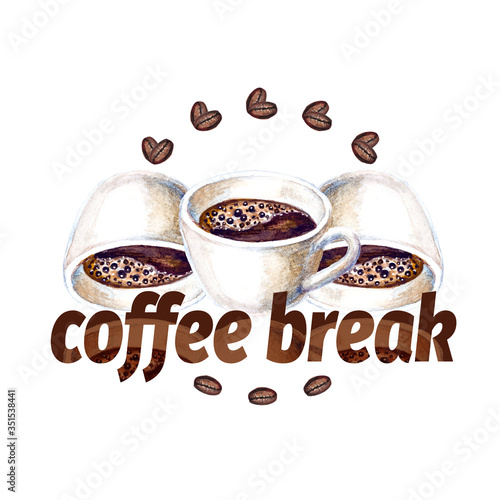 Cups of black coffee and coffee beans painted in watercolor as coffee break logo concept