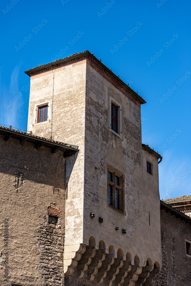Closeup of the Medieval Castle of the Trento City (Castello del Buonconsiglio or Castelvecchio, XIII-XVIII century), Trentino Alto Adige, Italy, Europe
