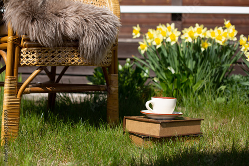 Old-fashioned books, rustic chair and tea cup in the grass. Sunny springtime day.