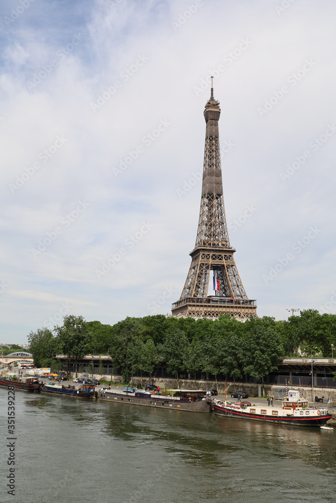 View of the Eiffel Tower from a bridge in Paris after the end of the lockdown