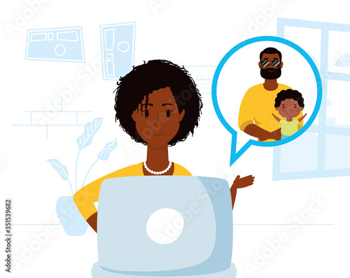 afro woman using laptop to communicate and stay home