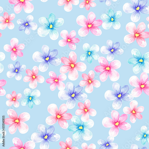 Seamless pattern with decorative flowers. Watercolor illustration on a black background. Design for textiles, souvenirs, fabrics, packaging and greeting cards and more.