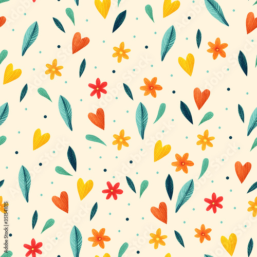 Decorative seamless pattern with decorative flowers and hearts.