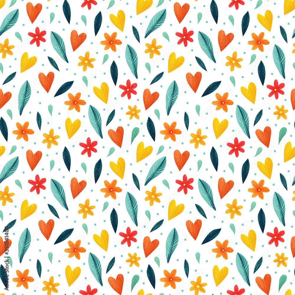 Decorative seamless pattern with decorative flowers and hearts.