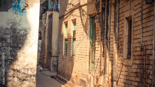 Fototapeta Naklejka Na Ścianę i Meble -  Shadows on the brick wall surface with green door