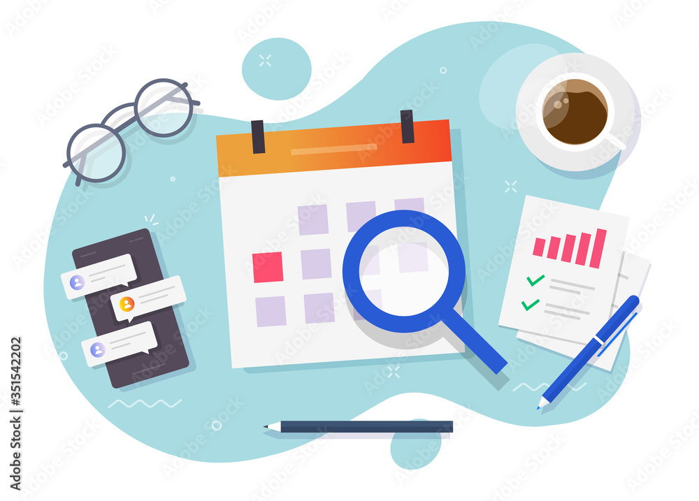 Calendar important goals analysis management on working desk table or business event planning on office work place vector flat cartoon illustration, concept of education or learning appointment design Calendar important goals analysis management on working desk table or business event planning on office work place vector flat cartoon illustration, concept of education or learning appointment design