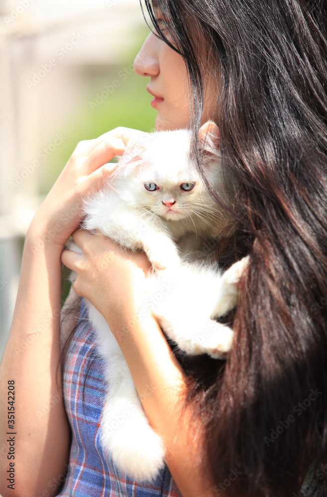 Beautiful young woman with cute white Persian cat resting at home Beautiful young woman with cute white Persian cat resting at home