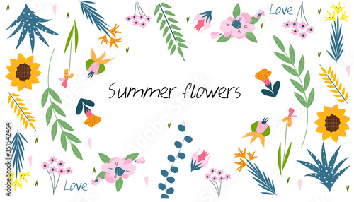 Summer flowers. Vector illustration with beautiful summer flowers, for invitation, greeting card, booklet, packaging, design, print, business, books.
