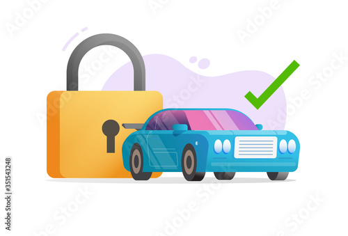 Car or vehicle protected with padlock security or automobile secure anti theft technology idea vector flat cartoon illustration, concept of auto protective safety system with checkmark modern image