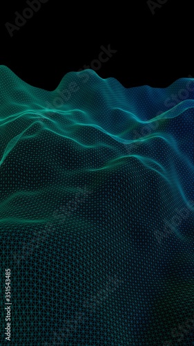 Abstract green landscape on a black background. Cyberspace grid. hi tech network. Depth of field. 3D illustration