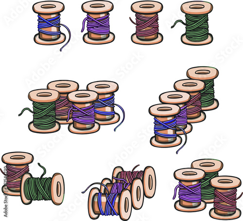 Vector set of wooden and plastic bobbins, spools with colored thread isolated on background. Equipment for sewing, tailoring, accessory for needlework and clothing repair