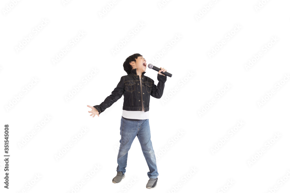 A cute young Asian elementary school student enjoying singing. An isolated image with white background. A cute young Asian elementary school student enjoying singing. An isolated image with white background.