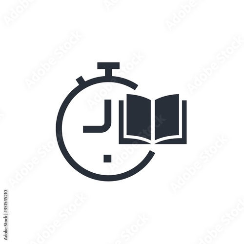 Open book and clock. Study time. Vector icon isolated on white background.
