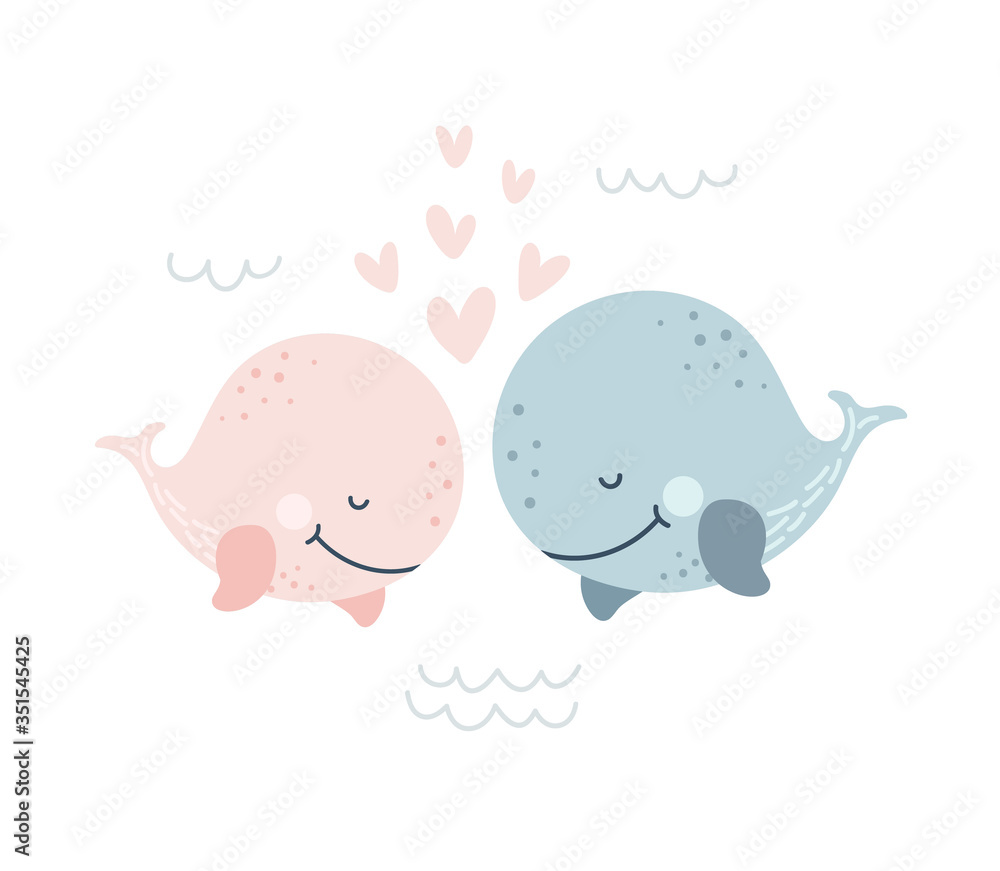 Obraz premium Romantic greeting card with two whales. Vector Illustration of cute loving couple. Card about friendship and love. Valentine s Day card, poster or print template