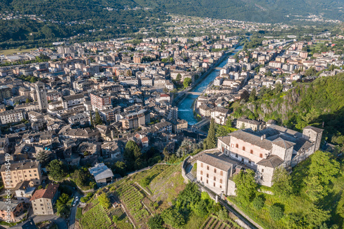 Canvastavla Castel of Masegra and city of Sondrio.
Valtellina, Italy