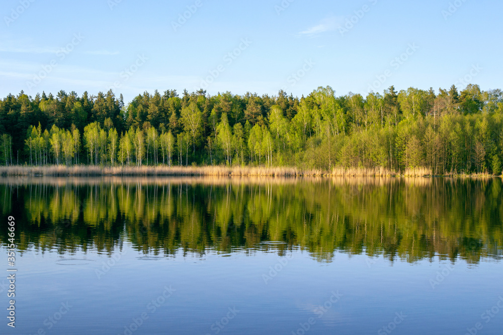 Beautiful landscape view to the lake in the forest with bright green trees reflected in a clear blue water at sunny spring day