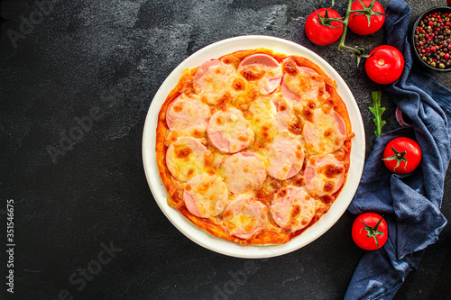 pizza sausage, tomato sauce, cheese Menu concept, food background, diet top view copy space