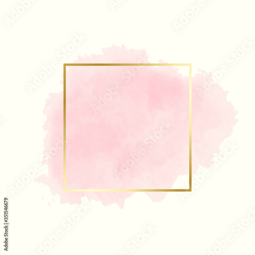 Abstract pink water color brush with rectangle geometric frame gold color, beauty and fashion background concept