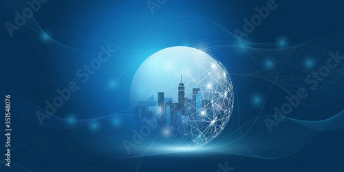 Smart City, Cloud Computing Design Concept with Transparent Globe and Wireframe - Digital Network Connections, Technology Background