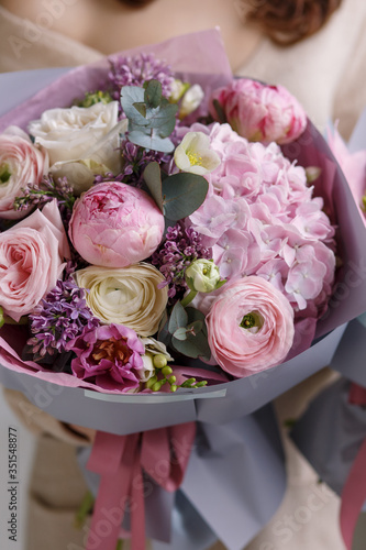Spring pastel bouquet with roses and hydrangea