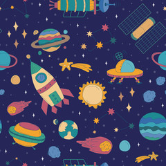 Crédence de cuisine Cosmos patrons Cosmos cartoon coloré fusées et planètes  © Anastasiia Kolpakova