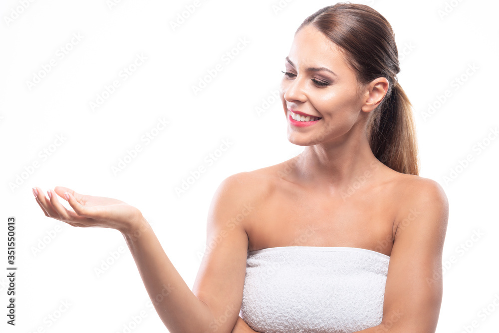 Astonishing brunette woman wrapped in white towel Astonishing brunette woman wrapped in white towel