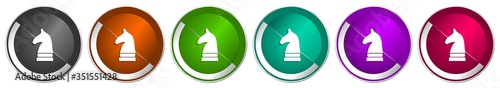 Chess horse icon set, silver metallic chrome border vector web buttons in 6 colors options for webdesign