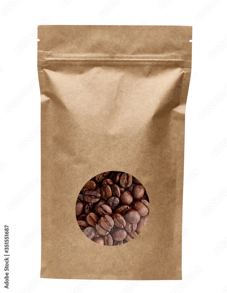 Blank brown paper bag with coffee beans in transparent window isolated ...