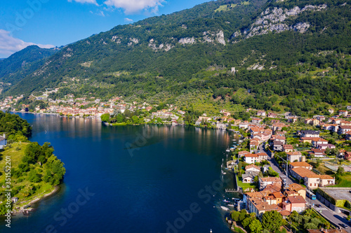 Town of Sala Comacina, Como Lake, Italy, aerial view from the lake