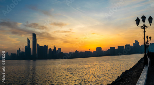 a beautiful sunrise view of Abu Dhabi City from Marina Breakwater Abu Dhabi, UAE, morning, Abu Dhabi sunrise, golden hour