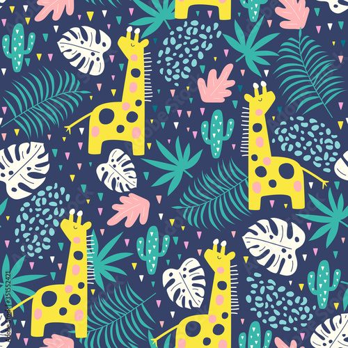 Tropical seamless pattern with giraffe, cactuses and exotic leaves. Vector