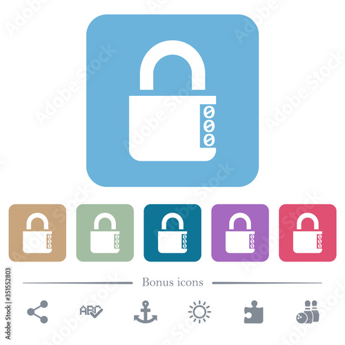 Locked combination lock with side numbers flat icons on color rounded square backgrounds