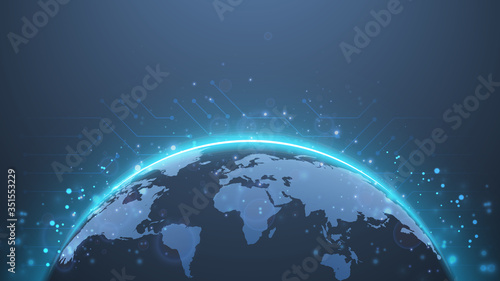 Planet Earth. World map. Global social network future. Internet and technology. Low poly, wireframe 3d vector illustration. Abstract polygonal image on blue neon background