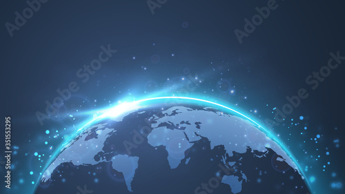 Planet Earth. Glowing World map. Global social network future. Low poly, wireframe 3d vector illustration. Abstract polygonal image on blue neon background