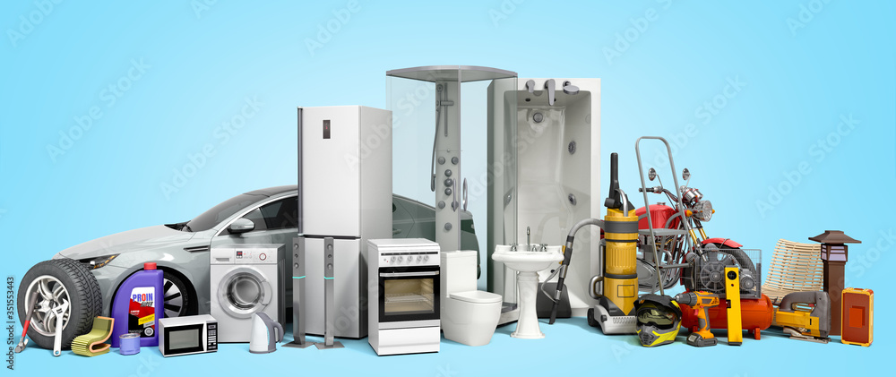 Fototapeta premium hypermarket products concept various seeing product categories on a blue gradient background