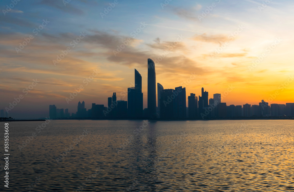 a beautiful sunrise view of Abu Dhabi City from Marina Break water Abu Dhabi, UAE, morning, Abu Dhabi sunrise