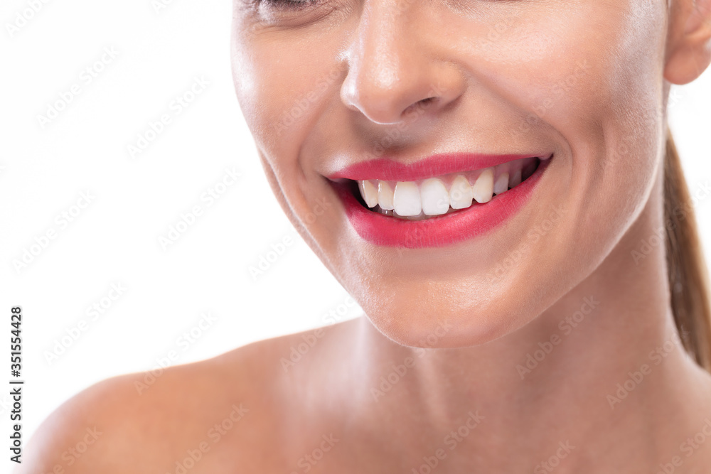 Kissable lips with red lipstick and white teeth Kissable lips with red lipstick and white teeth