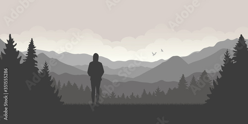lonely girl at mountain and forest landscape vector illustration EPS10