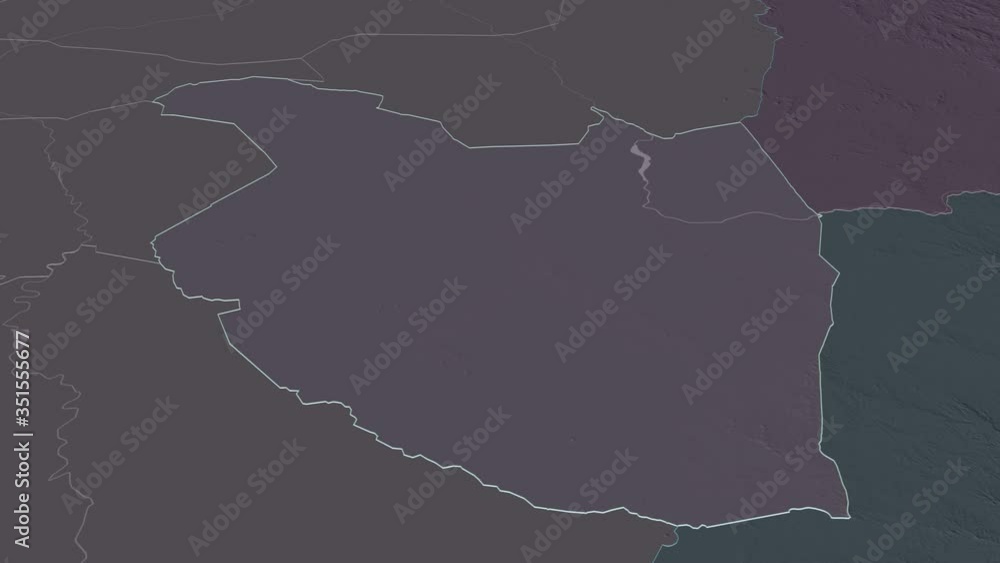 Al Qadarif, state with its capital, zoomed and extruded on the administrative map of Sudan in the conformal Stereographic projection. Animation 3D Al Qadarif, state with its capital, zoomed and extruded on the administrative map of Sudan in the conformal Stereographic projection. Animation 3D