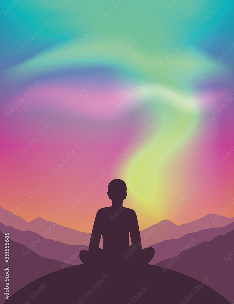 peaceful meditaiton on mountain view with beautiful polar lights in colorful sky vector illustration EPS10