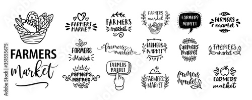 FARMERS MARKET set of hand drawn doodles badges, logo, icon, label. Farm market natural organic product brand sign symbol. Vector brush lettering typography - farmers market on a white background.