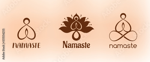 Emblem Namaste with man in lotus pose and flower lotus. Design for tattoo, yoga and other proects.